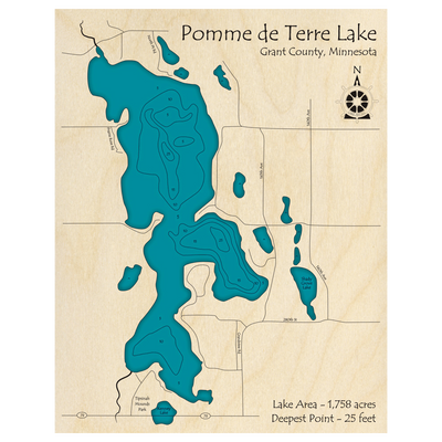 Bathymetric topo map of Pomme de Terre Lake, MN with roads, towns and depths noted in blue water.