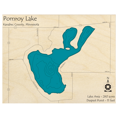 Bathymetric topo map of Pomroy Lake, MN with roads, towns and depths noted in blue water.