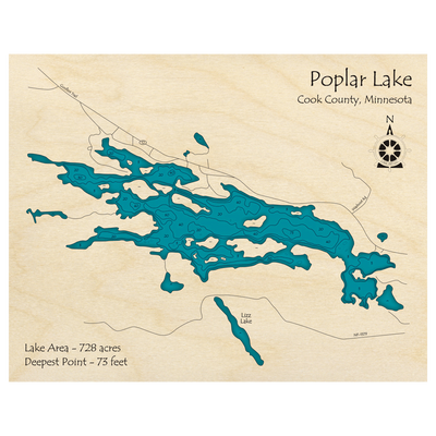 Bathymetric topo map of Poplar Lake, MN with roads, towns and depths noted in blue water.