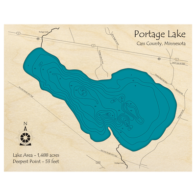 Bathymetric topo map of Portage Lake, MN with roads, towns and depths noted in blue water.