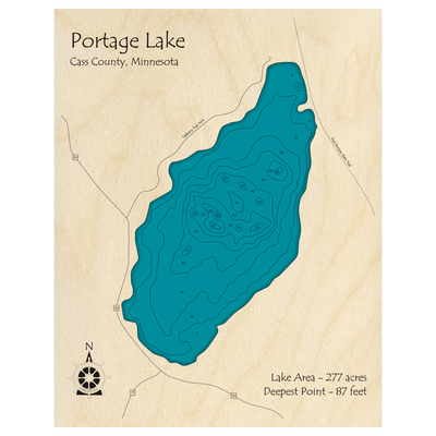 Bathymetric topo map of Portage Lake, MN with roads, towns and depths noted in blue water.