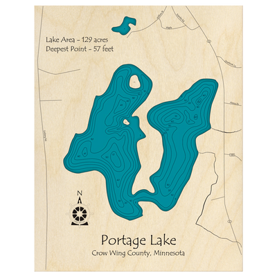 Bathymetric topo map of Portage Lake, MN with roads, towns and depths noted in blue water.