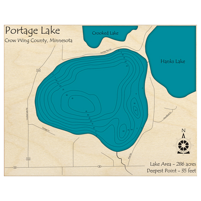 Bathymetric topo map of Portage Lake, MN with roads, towns and depths noted in blue water.