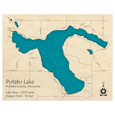 Bathymetric topo map of Potato Lake, MN with roads, towns and depths noted in blue water.
