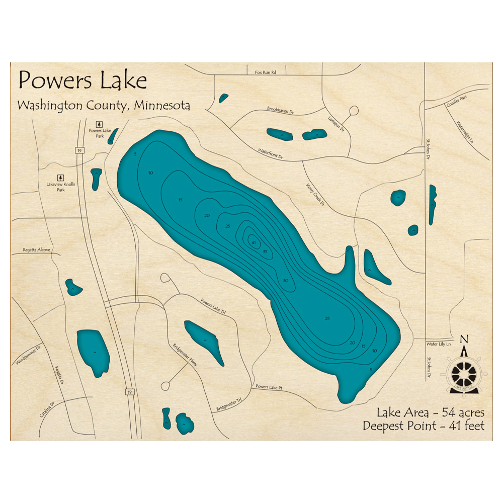 Bathymetric topo map of Powers Lake, MN with roads, towns and depths noted in blue water.