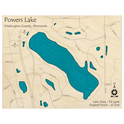 Bathymetric topo map of Powers Lake, MN with roads, towns and depths noted in blue water.