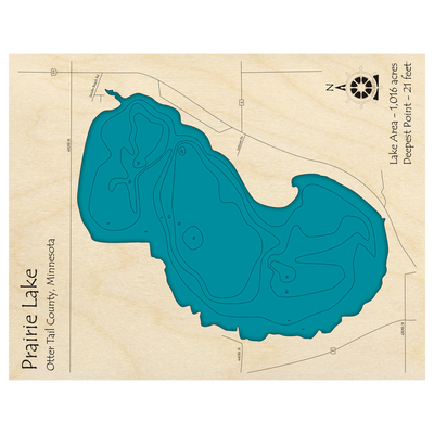 Bathymetric topo map of Prairie Lake, MN with roads, towns and depths noted in blue water.