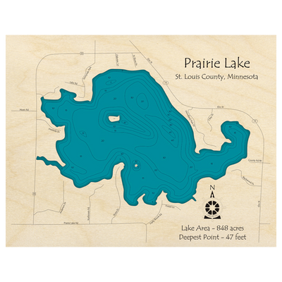 Bathymetric topo map of Prairie Lake, MN with roads, towns and depths noted in blue water.