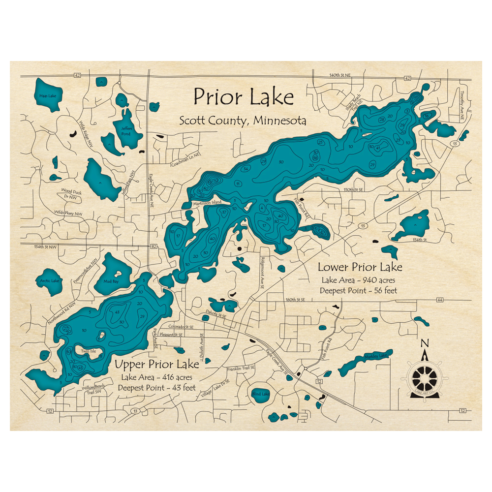 Bathymetric topo map of Prior Lakes, MN with roads, towns and depths noted in blue water.