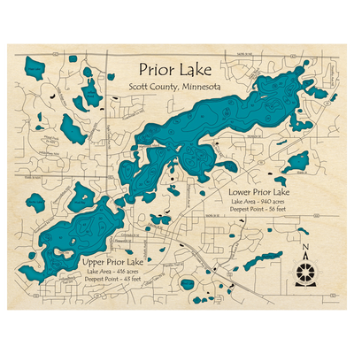 Bathymetric topo map of Prior Lakes, MN with roads, towns and depths noted in blue water.