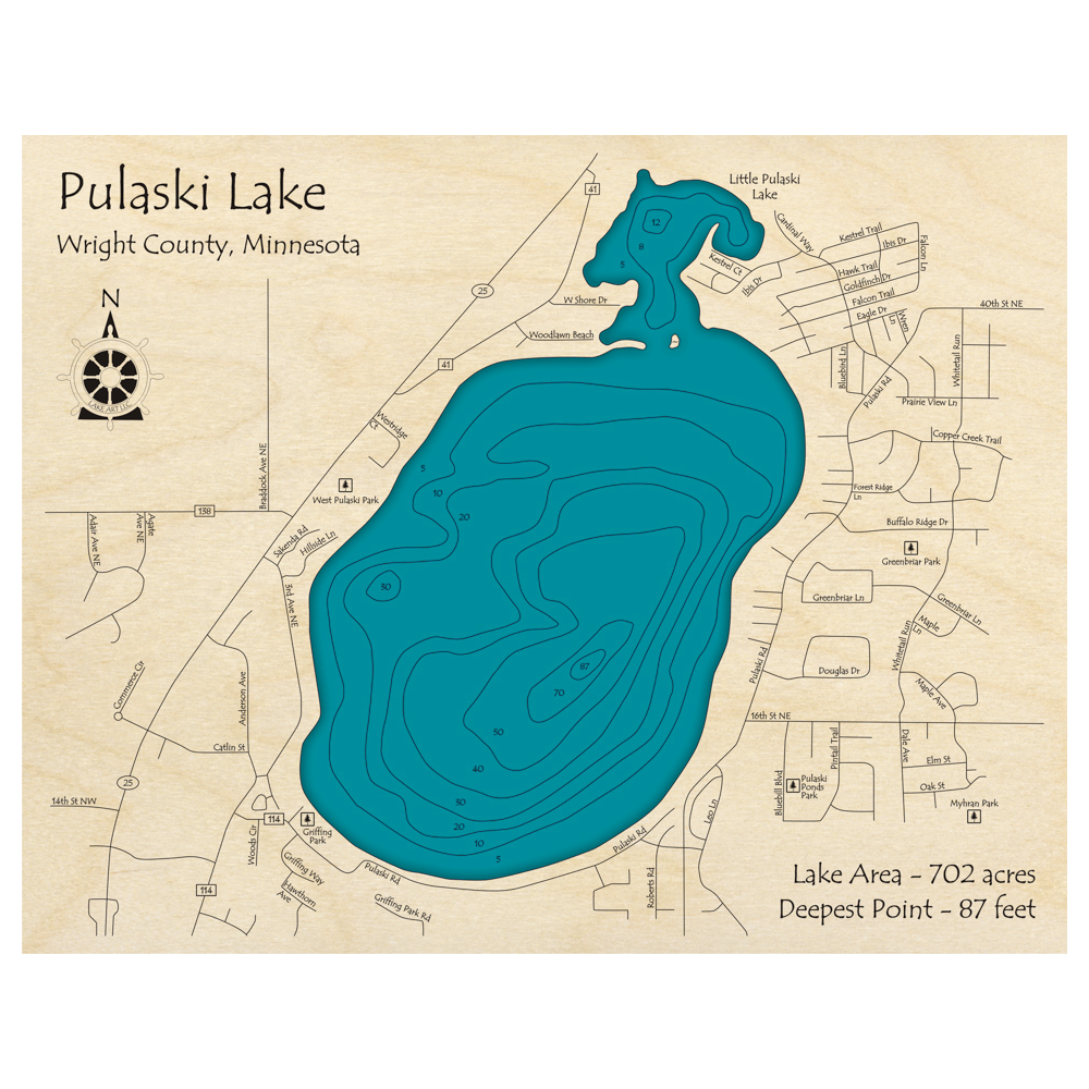 Bathymetric topo map of Pulaski Lake, MN with roads, towns and depths noted in blue water.