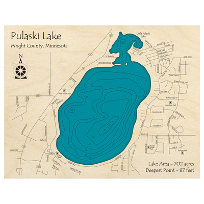 Bathymetric topo map of Pulaski Lake, MN with roads, towns and depths noted in blue water.