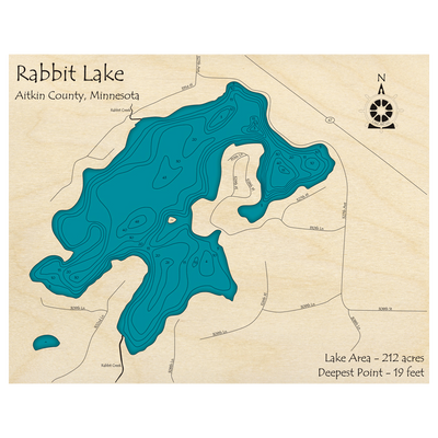 Bathymetric topo map of Rabbit Lake, MN with roads, towns and depths noted in blue water.