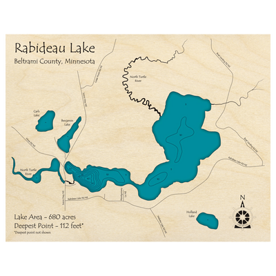 Bathymetric topo map of Rabideau Lake, MN with roads, towns and depths noted in blue water.