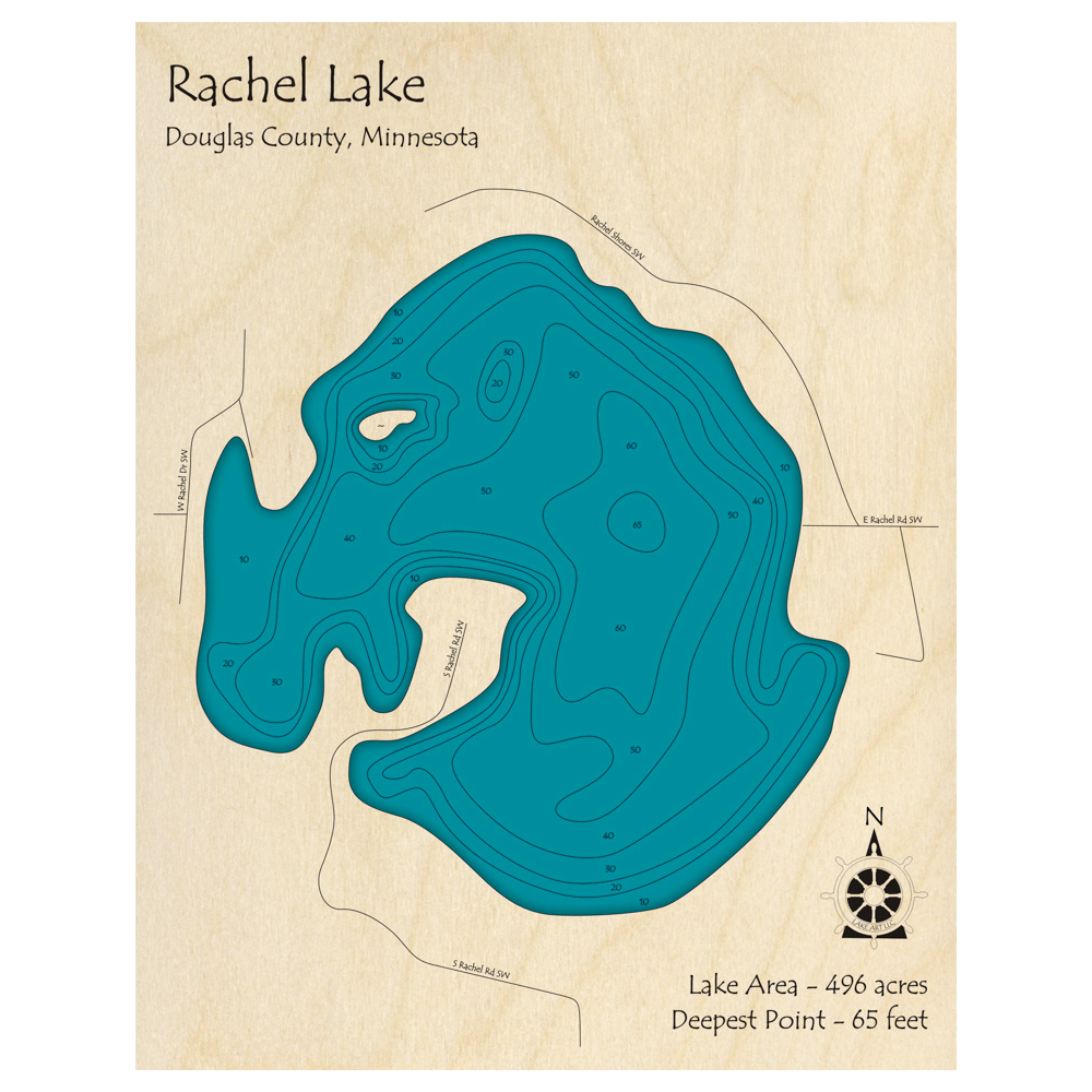 Bathymetric topo map of Rachel Lake, MN with roads, towns and depths noted in blue water.