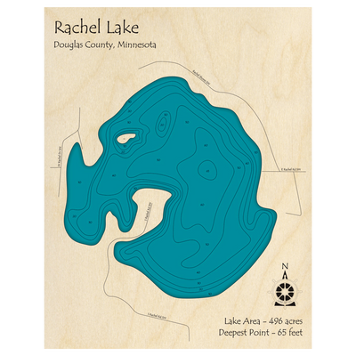 Bathymetric topo map of Rachel Lake, MN with roads, towns and depths noted in blue water.