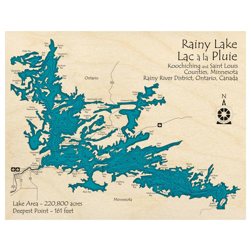 Bathymetric topo map of Rainy Lake (ON, MN) with roads, towns and depths noted in blue water.