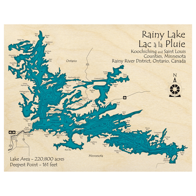 Bathymetric topo map of Rainy Lake (ON, MN) with roads, towns and depths noted in blue water.
