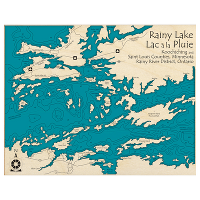 Bathymetric topo map of Rainy Lake (ON, MN) with roads, towns and depths noted in blue water.
