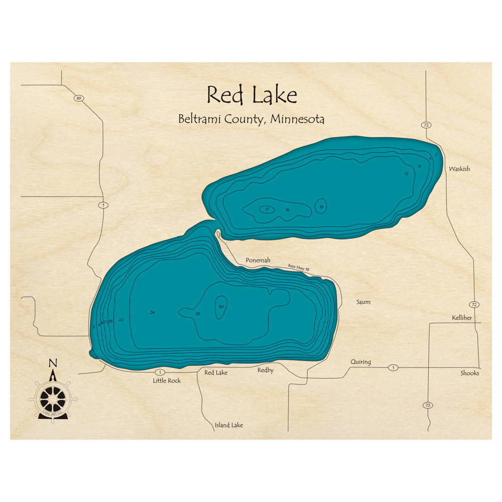 Bathymetric topo map of Red Lake, MN with roads, towns and depths noted in blue water.