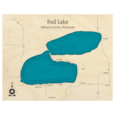 Bathymetric topo map of Red Lake, MN with roads, towns and depths noted in blue water.