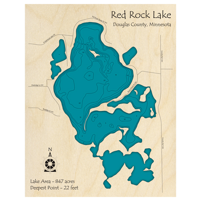 Bathymetric topo map of Red Rock Lake, MN with roads, towns and depths noted in blue water.