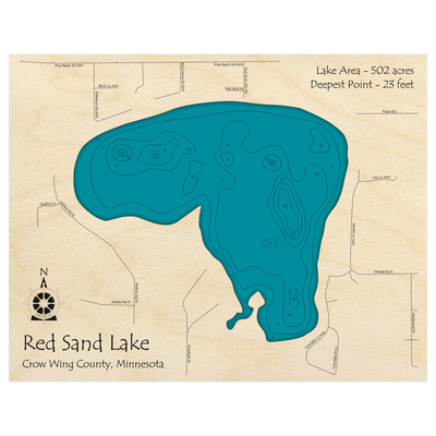 Bathymetric topo map of Red Sand Lake, MN with roads, towns and depths noted in blue water.