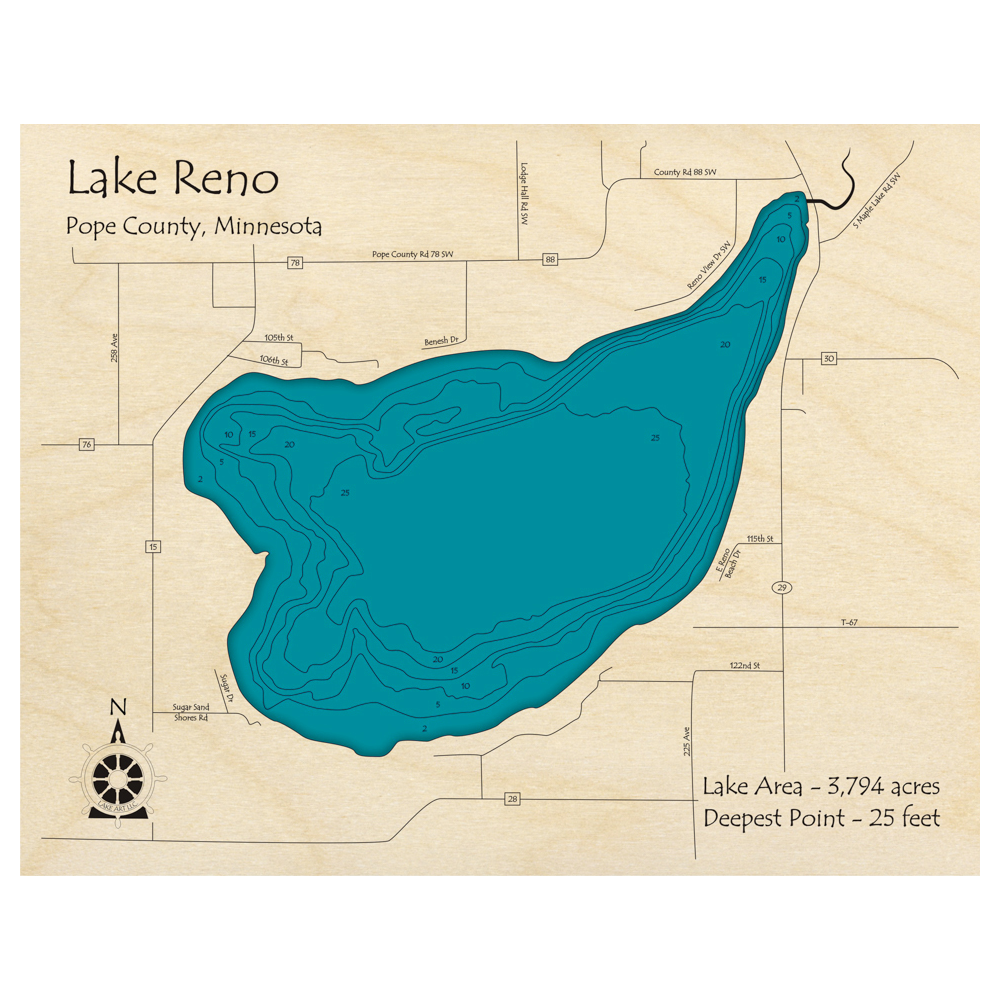 Bathymetric topo map of Lake Reno, MN with roads, towns and depths noted in blue water.
