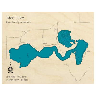 Bathymetric topo map of Rice Lake, MN with roads, towns and depths noted in blue water.