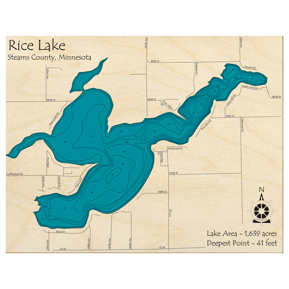 Bathymetric topo map of Rice Lake, MN with roads, towns and depths noted in blue water.
