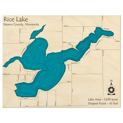 Bathymetric topo map of Rice Lake, MN with roads, towns and depths noted in blue water.