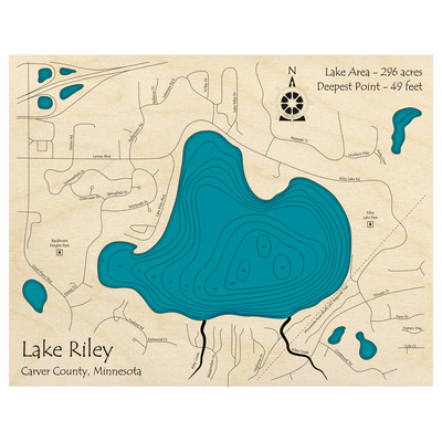 Bathymetric topo map of Lake Riley, MN with roads, towns and depths noted in blue water.