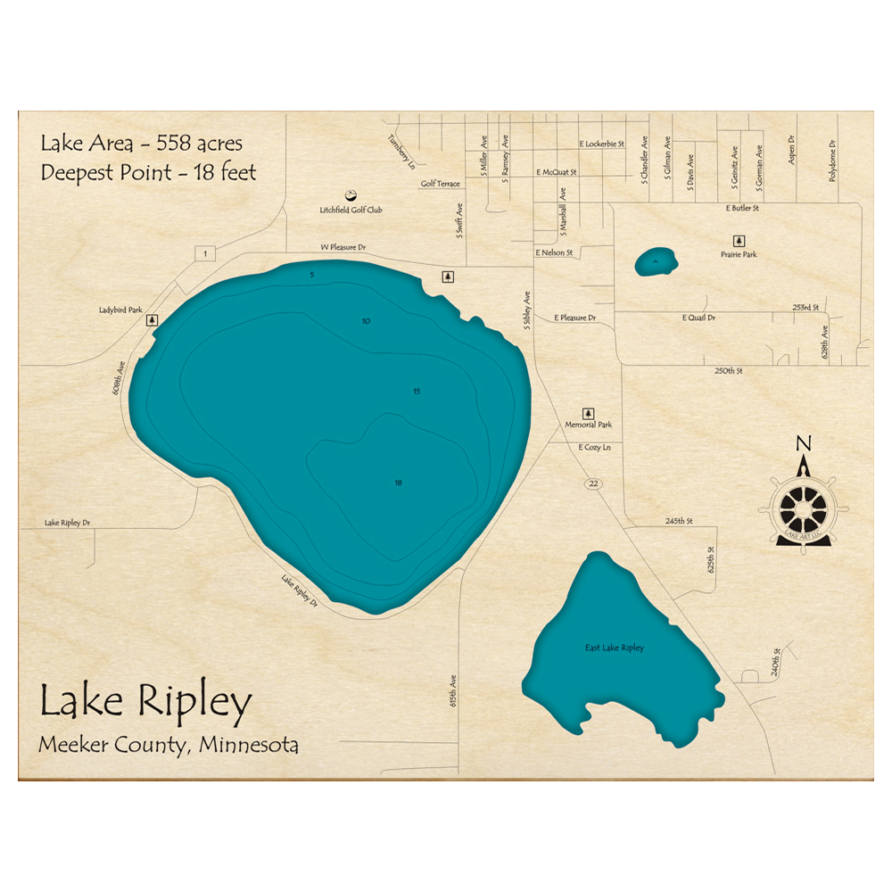Bathymetric topo map of Lake Ripley, MN with roads, towns and depths noted in blue water.