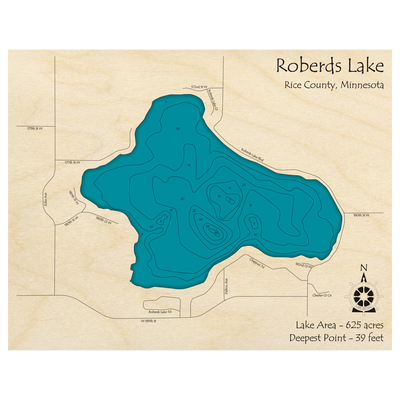 Bathymetric topo map of Roberds Lake, MN with roads, towns and depths noted in blue water.