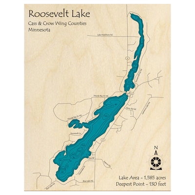 Bathymetric topo map of Roosevelt Lake, MN with roads, towns and depths noted in blue water.