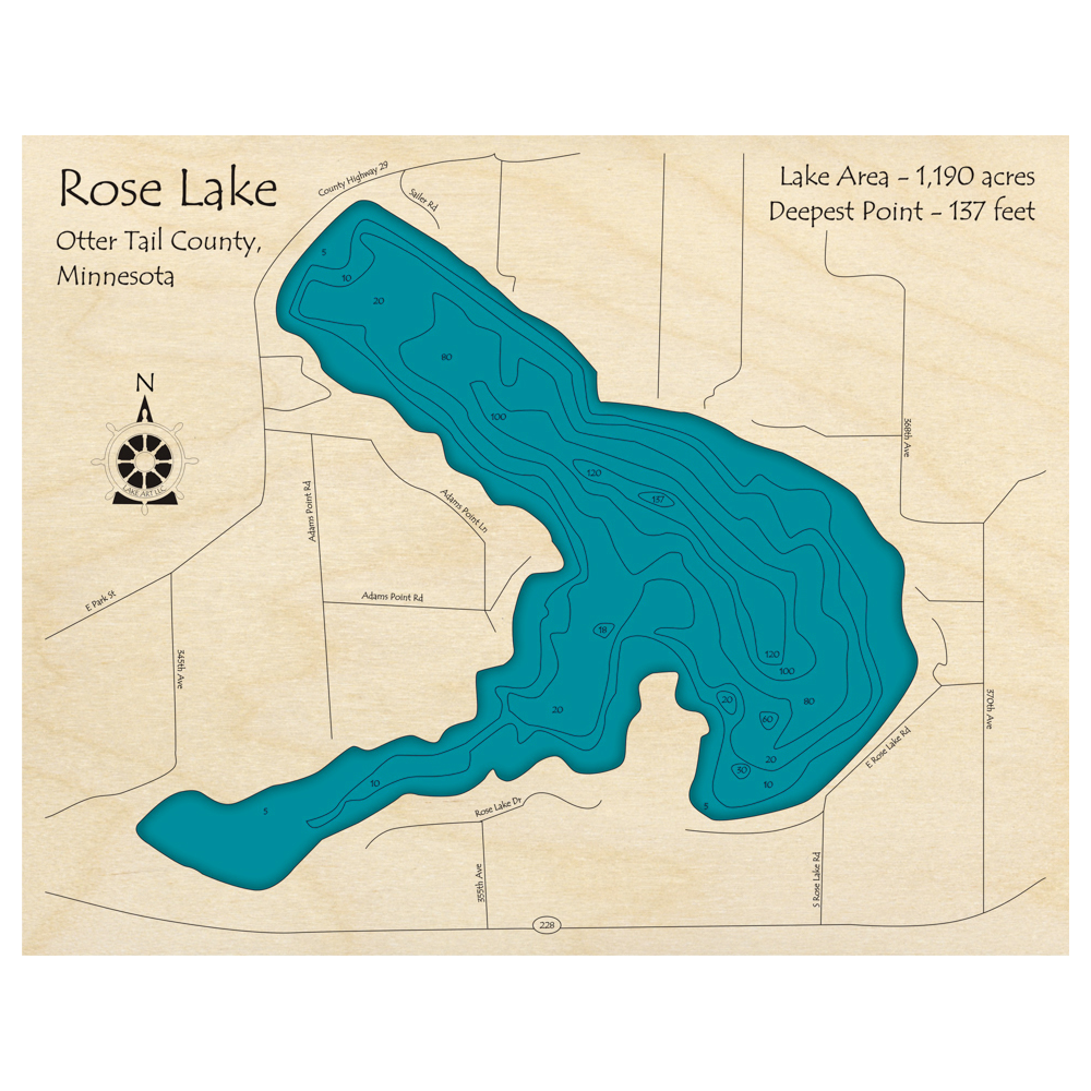 Bathymetric topo map of Rose Lake, MN with roads, towns and depths noted in blue water.