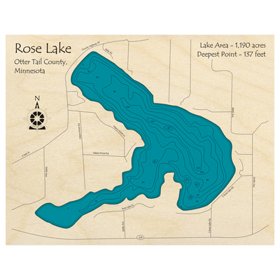 Bathymetric topo map of Rose Lake, MN with roads, towns and depths noted in blue water.