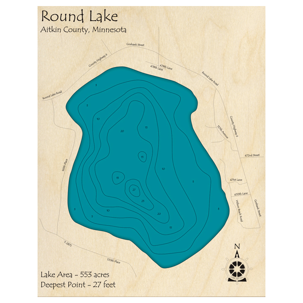 Bathymetric topo map of Round Lake, MN with roads, towns and depths noted in blue water.