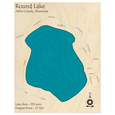 Bathymetric topo map of Round Lake, MN with roads, towns and depths noted in blue water.