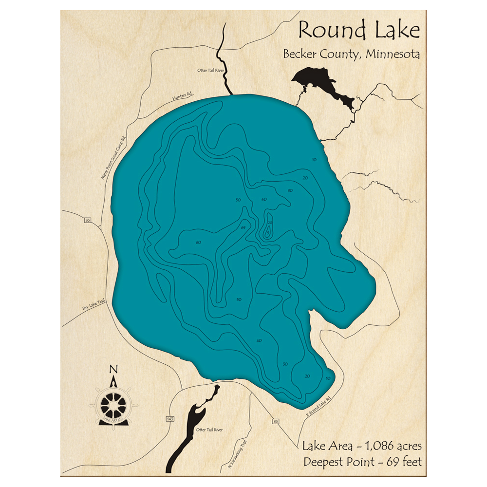 Bathymetric topo map of Round Lake, MN with roads, towns and depths noted in blue water.