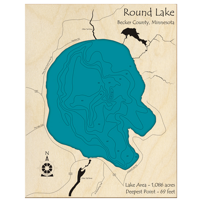 Bathymetric topo map of Round Lake, MN with roads, towns and depths noted in blue water.