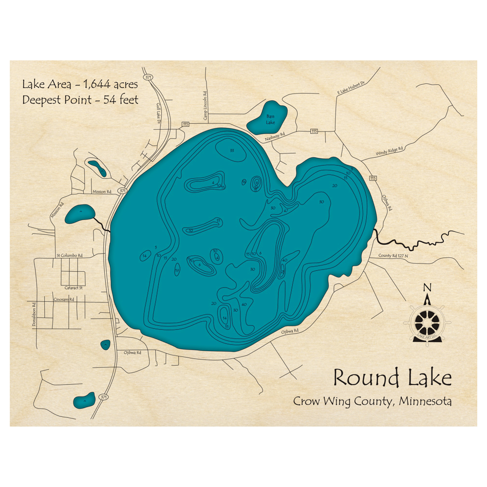 Bathymetric topo map of Round Lake, MN with roads, towns and depths noted in blue water.