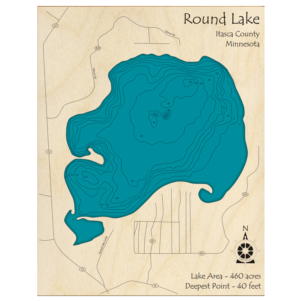 Bathymetric topo map of Round Lake, MN with roads, towns and depths noted in blue water.