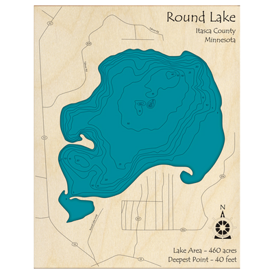 Bathymetric topo map of Round Lake, MN with roads, towns and depths noted in blue water.