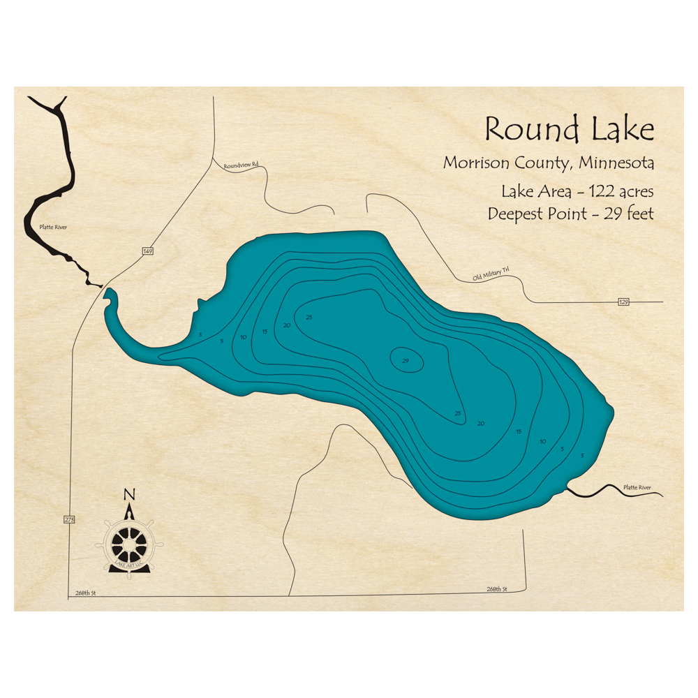 Bathymetric topo map of Round Lake, MN with roads, towns and depths noted in blue water.