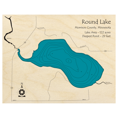 Bathymetric topo map of Round Lake, MN with roads, towns and depths noted in blue water.