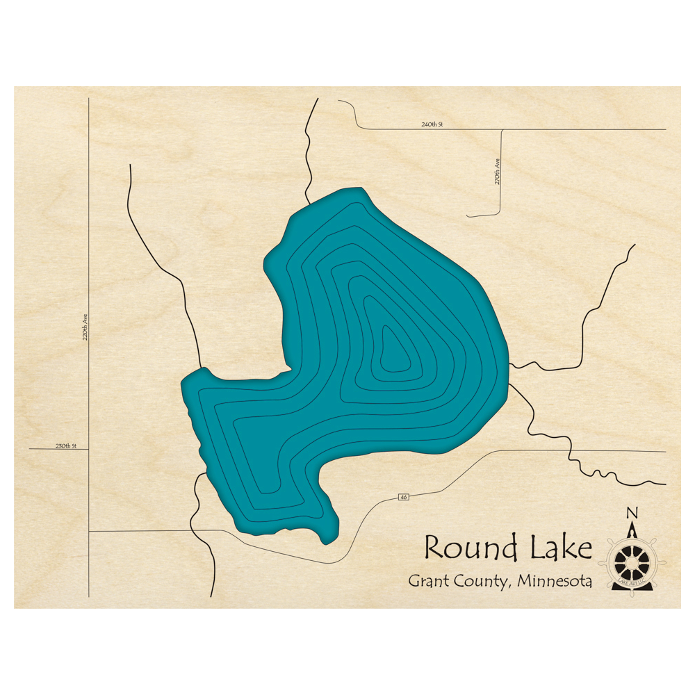 Bathymetric topo map of Round Lake, MN with roads, towns and depths noted in blue water.