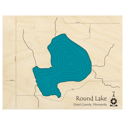 Bathymetric topo map of Round Lake, MN with roads, towns and depths noted in blue water.