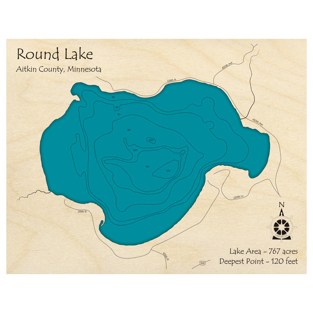 Bathymetric topo map of Round Lake, MN with roads, towns and depths noted in blue water.