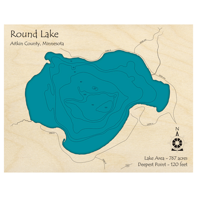 Bathymetric topo map of Round Lake, MN with roads, towns and depths noted in blue water.